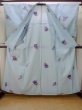 Photo2: N0906A Vintage Japanese women  Shiny Light Blue HITOE unlined / Wool. Flower   (Grade B) (2)