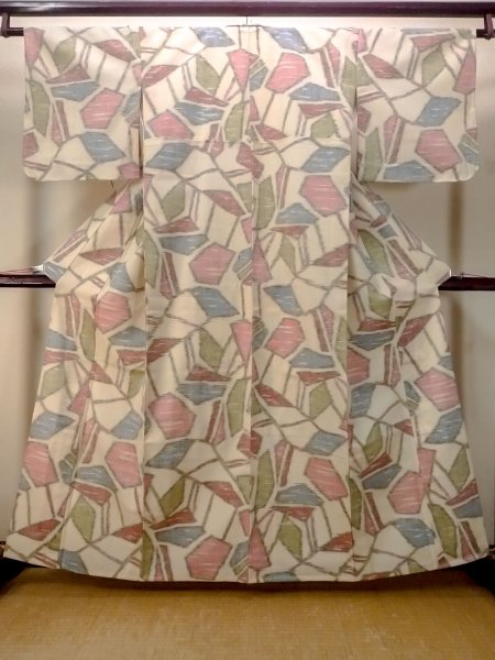 Photo1: N0906H Vintage Japanese women   Ivory HITOE unlined / Wool. Abstract pattern Stains/Soils all over.  (Grade D) (1)