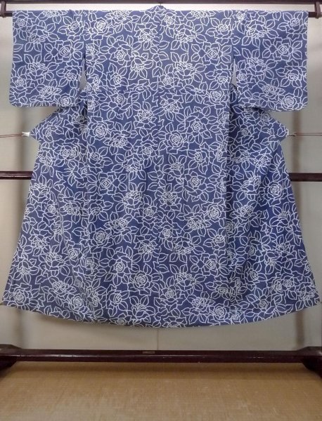 Photo1: N0906J Vintage Japanese women  Pale Indigo Blue YUKATA summer(made in Japan) / Cotton. Rose Discolored all over.  (Grade D) (1)