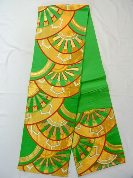 Photo1: Mint N0913C Vintage Japanese Kimono  Shiny Green FUKURO OBI sash Wheel Silk. (Grade A) (1)