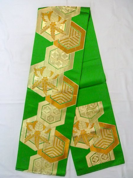 Photo1: N0913F Vintage Japanese Kimono  Shiny Green FUKURO OBI sash KIRI paulownia Silk. (Grade B) (1)