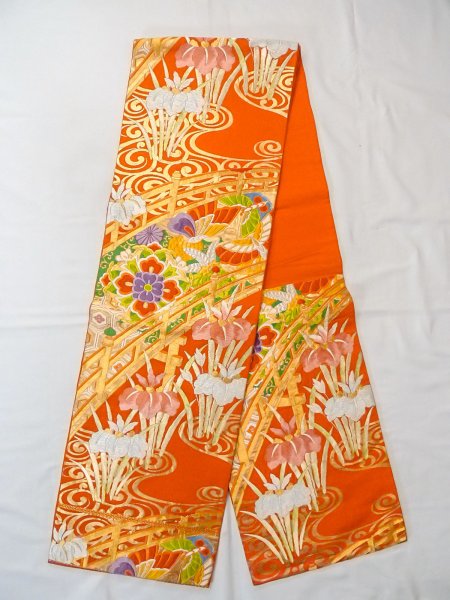 Photo1: Mint N0913G Vintage Japanese Kimono  Vivid Orange FUKURO OBI sash KIRI paulownia Silk. (Grade A) (1)