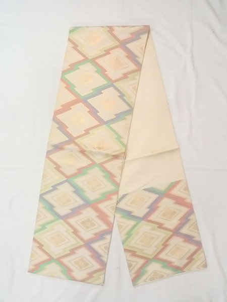 Photo1: N0913H Vintage Japanese Kimono  Pale Beige FUKURO OBI sash Pine bark lozenges Silk. (Grade C) (1)