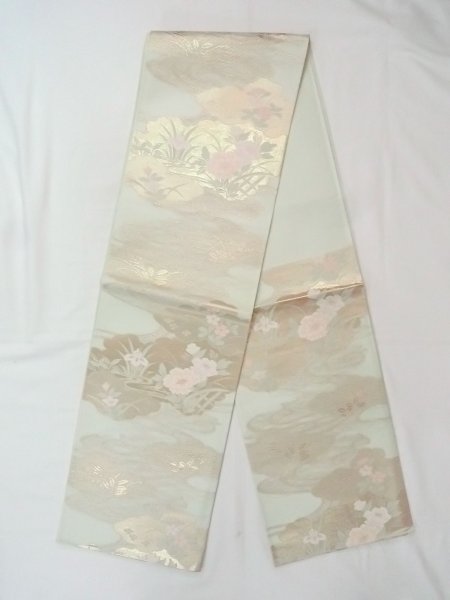 Photo1: Mint N0913I Vintage Japanese Kimono  Pale Green FUKURO OBI sash Peony Silk. (Grade A) (1)