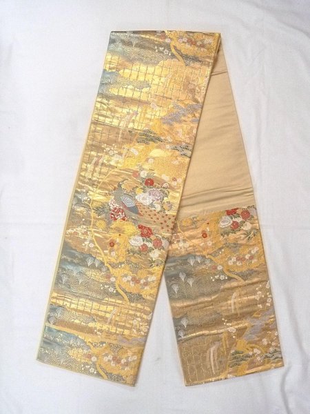 Photo1: Mint N0913L Vintage Japanese Kimono  Shiny Gold FUKURO OBI sash Peony Silk. (Grade A) (1)