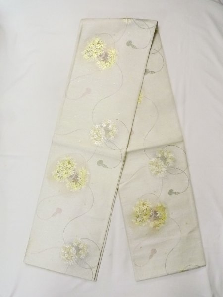 Photo1: N0913M Vintage Japanese Kimono   Silver FUKURO OBI sash Flower Silk. (Grade C) (1)