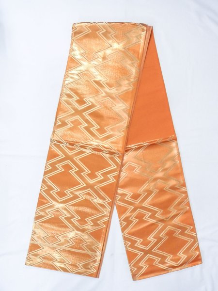 Photo1: Mint N0913P Vintage Japanese Kimono  Shiny Orange FUKURO OBI sash Greek key fret Silk. (Grade A) (1)