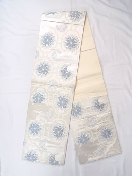 Photo1: N0913R Vintage Japanese Kimono  Shiny Silver FUKURO OBI sash Chinese flower Silk. (Grade B) (1)