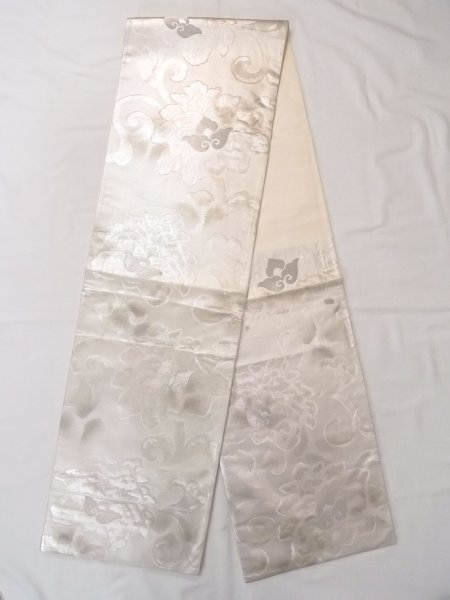 Photo1: N0913S Vintage Japanese Kimono  Shiny Silver FUKURO OBI sash Chinese flower Silk. (Grade B) (1)