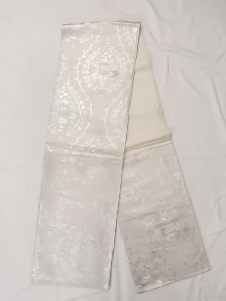 Photo1: N0913V Vintage Japanese Kimono  Shiny Silver FUKURO OBI sash Chinese flower Silk. (Grade C) (1)