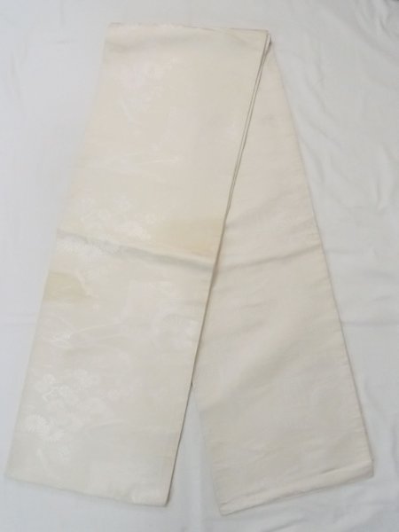 Photo1: N0913X Vintage Japanese Kimono Light Grayish Off White FUKURO OBI sash Chrysanthemum Silk. (Grade C) (1)