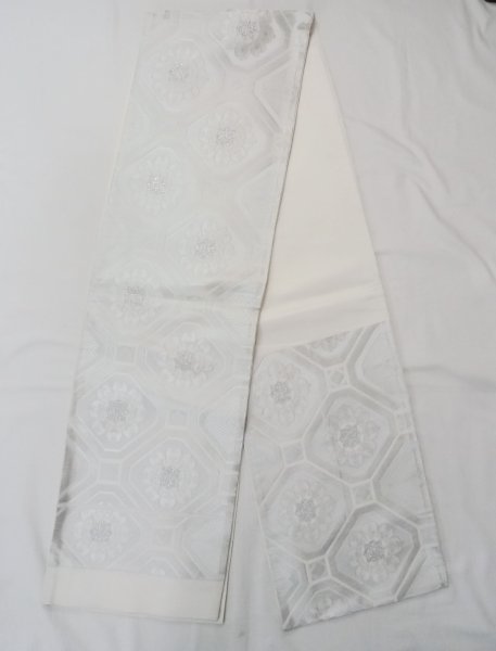 Photo1: N0913Y Vintage Japanese Kimono  Shiny Silver FUKURO OBI sash Chinese flower Synthetic. (Grade B) (1)