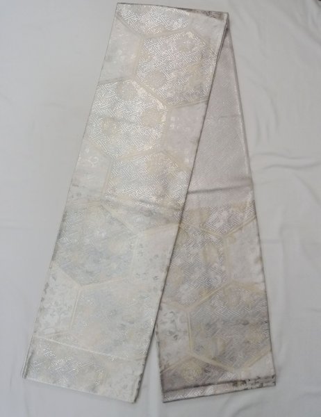 Photo1: N0913Z Vintage Japanese Kimono  Shiny Silver FUKURO OBI sash Chinese flower Silk. (Grade A) (1)