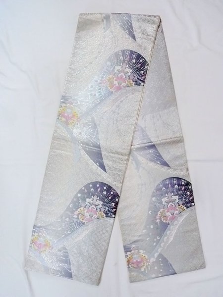 Photo1: N0914C Vintage Japanese Kimono   Silver FUKURO OBI sash Chinese flower Silk. (Grade A) (1)