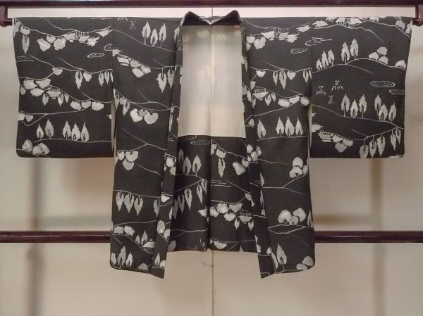 Photo1: N0931A Vintage Japanese kimono   Black HAORI short jacket for women / Silk. House,   (Grade C) (1)