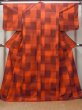 Photo1: N1007B Vintage Japanese kimono   Orange TSUMUGI pongee for women / Silk. Plaid Checks   (Grade B) (1)