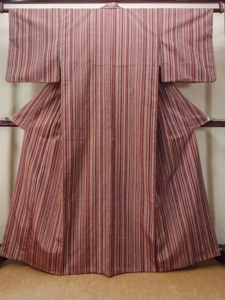 Photo1: N1007S Vintage Japanese kimono   Vermilion TSUMUGI pongee for women / Silk. Stripes   (Grade A) (1)