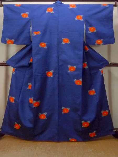 Photo1: N1007T Vintage Japanese kimono  Vivid Blue TSUMUGI pongee for women / Silk. Chrysanthemum   (Grade B) (1)