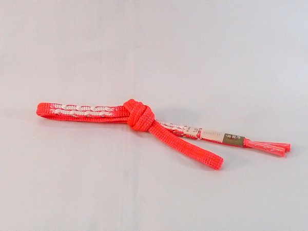 Photo1: N1023XD Vintage Japanese   Vivid Coral OBIJIME decorative string/cord/rope  Abstract pattern Silk. (Grade A) (1)