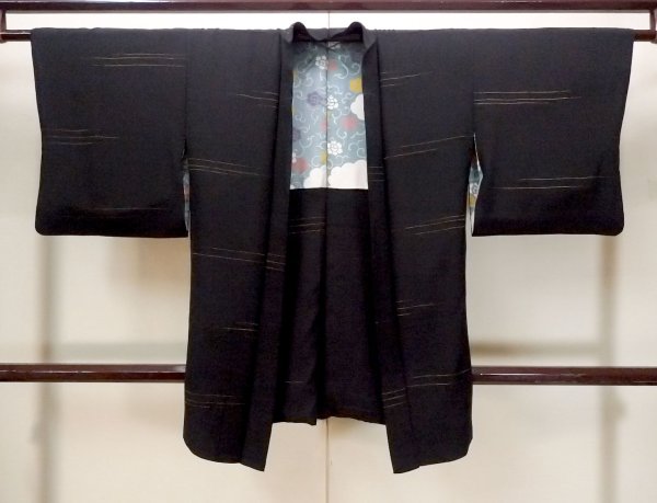 Photo1: N1101R Antique Japanese kimono  Dark Black HAORI short jacket for women / Silk. Line   (Grade D) (1)