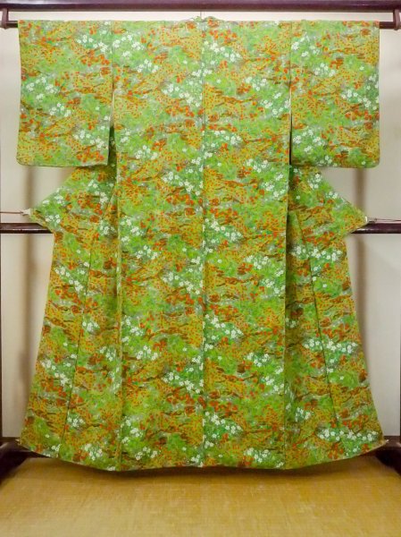 Photo1: Mint N1112A Used Japanese kimono   Green KOMON dyed for women / Silk. MOMIJI maple leaf,   (Grade A) (1)