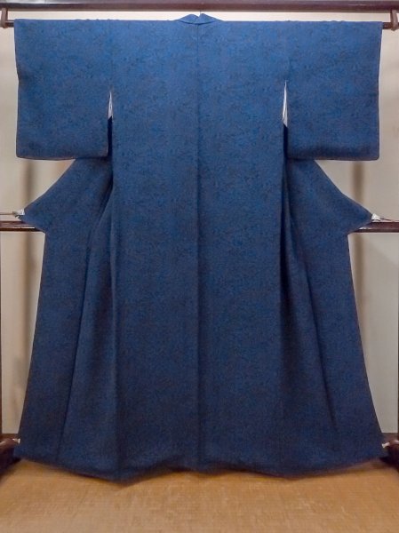 Photo1: Mint N1112D Used Japanese kimono   Navy Blue KOMON dyed for women / Silk. Peony,   (Grade A) (1)