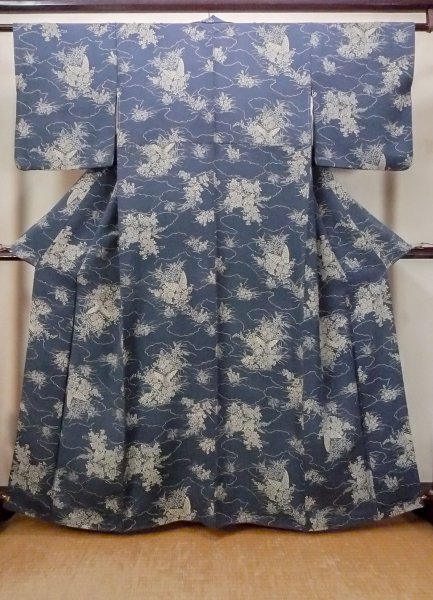 Photo1: N1112H Used Japanese kimono  Grayish Indigo Blue KOMON dyed for women / Silk. Peony,   (Grade C) (1)