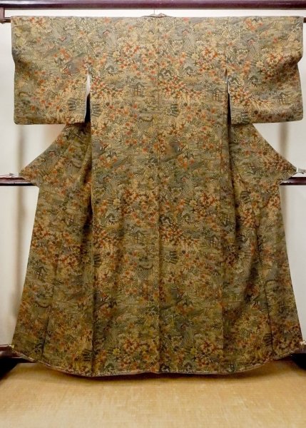 Photo1: N1112J Used Japanese kimono  Dark Beige KOMON dyed for women / Silk. Flower,   (Grade A) (1)