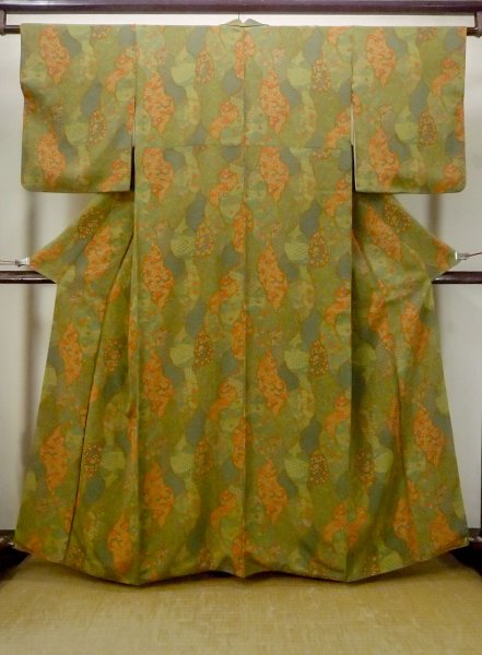 Photo1: N1112K Used Japanese kimono  Grayish Yellowish Green KOMON dyed for women / Silk. Flower,   (Grade B) (1)