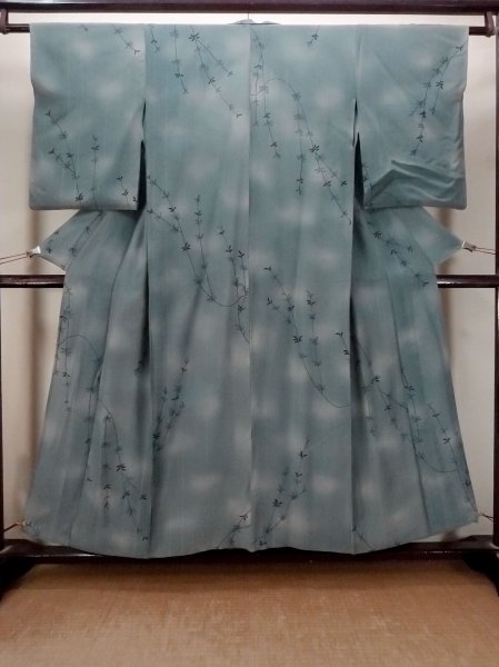 Photo1: N1112M Vintage Japanese kimono  Grayish Navy Blue HITOE unlined for women / Silk. Tall grass, Stains and discolored all over.  (Grade D) (1)