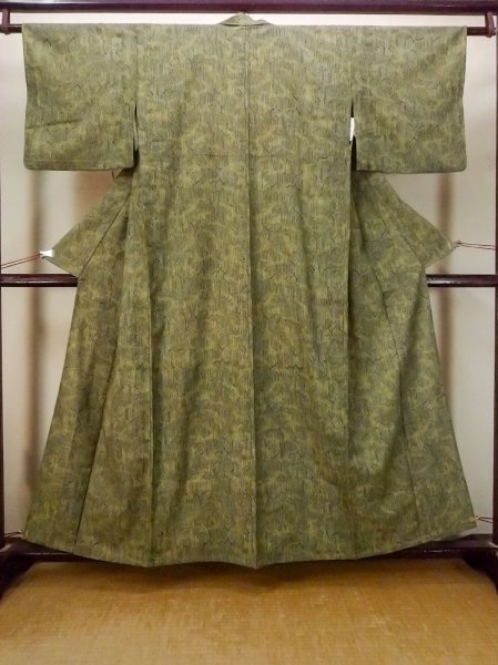 Photo1: N1112N Vintage Japanese kimono  Dark Yellowish Green HITOE unlined for women / Synthetic. Tortoise-shell pattern(Hexagonal pattern)   (Grade D) (1)