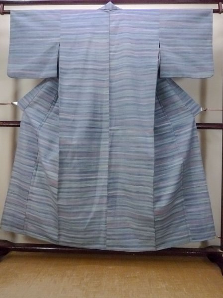 Photo1: N1112U Vintage Japanese kimono  Grayish Light Blue HITOE unlined for women / Wool. Stripes,   (Grade D) (1)