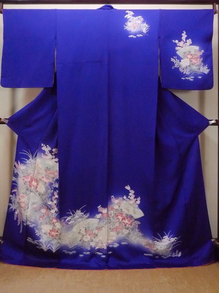 Photo1: N1126Q Vintage Japanese kimono   Blue HOUMONGI formal for women / Silk. Peony,   (Grade B) (1)