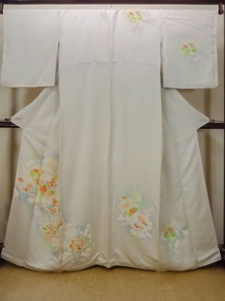 Photo1: N1126W Used Japanese kimono  Pale Light Blue HOUMONGI formal for women / Silk. SAKURA cherry blossom,   (Grade C) (1)