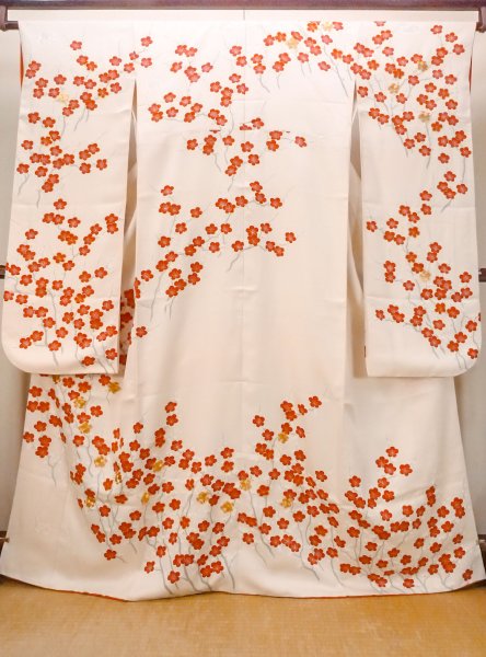 Photo1: N1127D Used Japanese kimono  Pale Pink FURISODE long-sleeved for women / Silk. UME plum bloom   (Grade B) (1)