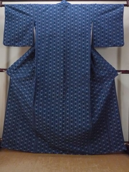 Photo1: Mint N1210B Vintage Japanese kimono   Indigo Blue HITOE unlined for women / Silk. Hemp leaf   (Grade A) (1)