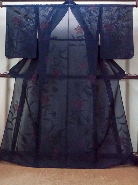 Photo1: Mint N1210C Vintage Japanese kimono   Indigo Blue HITOE unlined for women / Silk. Flower Lily pattern  (Grade A) (1)