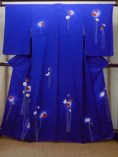 Photo1: N1210I Vintage Japanese kimono  Vivid Blue TSUKESAGE formal for women / Silk. Flower,   (Grade C) (1)